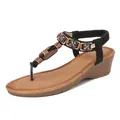 Bohemian wedge sandals for women with rhinestones, beads and ethnic flower details - EU 41 / Black