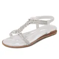 Elegant silver bohemian flat sandals with sparkling rhinestones and quilted footbed - EU 35 / Silver