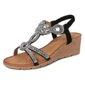Elegantes sandalias de cuña para mujer estilo bohemio con brillantes diamantes de imitación - EU 35 / Negro