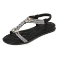 Bohemian black flat sandals with sparkling silver rhinestones and T-strap design - EU 35 / Black