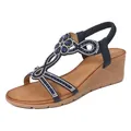 Sandalias bohemias de cuña para mujer con tira en T de strass y suela de plataforma - EU 35 / Azul marino