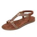 Bohemian flat sandals for women featuring sparkling rhinestones and woven T-strap design - EU 35 / Bronze