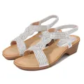 Ladies silver wedge sandals with bohemian rhinestones and faux pearls decoration - EU 36 / Silver