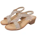 Women's champagne gold wedge sandals with woven straps, pearls and rhinestones - EU 36 / Rose Gold