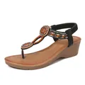 Womens bohemian rhinestone wedge sandals with studded T-strap and platform sole - EU 38 / Black