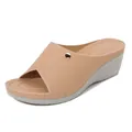 Elegant beige wedge heel slide sandals for women with perforated synthetic leather upper - EU 36 / Nude