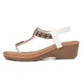 White Bohemian wedge sandals with rhinestone embellishments and beaded T-strap design - EU 36 / White