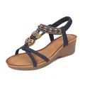 Bohemian wedge sandals for women with rhinestones, colorful beads and golden butterfly - EU 36 / Navy Blue