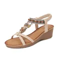 Ladies bohemian wedge sandals with rhinestones and beaded T-strap design in beige - EU 36 / Apricot
