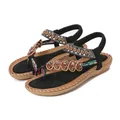 Sandales plates bohèmes noires avec perles en cœur marron et détails en strass - 36 / Noir