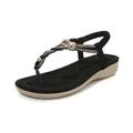 Sandales plates noires pour femmes avec strass et lanière en T style bohème - 36 / Noir