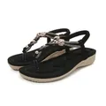 Black bohemian wedge sandals with sparkling rhinestones and woven straps for women - EU 36 / Black
