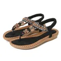Women's black bohemian flat sandals with T-strap, wood beads, and rhinestone butterfly - EU 36 / Black