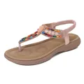Women's Bohemian flat T-strap sandals with colorful beads and rhinestones on nude pink - Pink