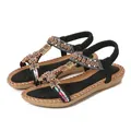 Bohemian T-strap flat sandals with rhinestones, metal flowers and floral accents - EU 36 / Black