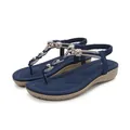 Flat navy blue bohemian sandals with rhinestone T-strap and elastic back strap - EU 36 / Navy Blue