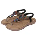 Bohemian T-strap flat sandals with colorful beads and sparkling rhinestones in black - Black
