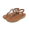 Women's tan rhinestone sandals with elastic heel strap and silver metallic accents - EU 36 / Camel