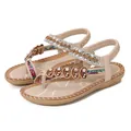 Sandales plates beiges bohèmes avec cœurs en strass et brides fleuries en T - 36 / Abricot