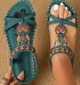 Bohemian women flat sandals in dark teal featuring ethnic beadwork and heart charms - 38 / Malachite green