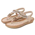 Beige bohemian flat sandals for women featuring rhinestone butterfly and T-strap - EU 36 / Apricot