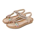 Beige bohemian flat sandals with sparkling rhinestones and daisy floral bead accents - EU 36 / Apricot