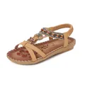 Bohemian flat sandals for women featuring rhinestone butterfly and beaded ethnic straps - 38 / Turmeric