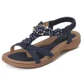 Bohemian T-strap flat sandals for women featuring sparkling navy blue rhinestone flowers - EU 36 / Navy Blue