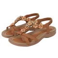 Brown Bohemian flat sandals featuring floral beaded T-straps and sparkling rhinestones - EU 36 / Camel