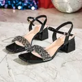 Black block heel square toe sandal with sparkling rhinestones and clear PVC strap - EU 38 / Black