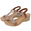 Tan rhinestone wedge sandals with bohemian T-strap design and elastic back strap - EU 36 / Bronze