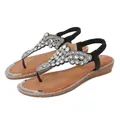 Women's Bohemian flat sandals with white rhinestones and black elastic heel straps - EU 36 / Black