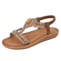 Bohemian brown flat sandals with T-strap, orange beads and sparkling rhinestones - EU 36 / Camel
