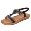 Bohemian flat sandals with rhinestones, beads, and black gemstone on T-strap - EU 36 / Black