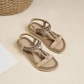 Elegant beige T-strap flat sandals for women featuring rhinestones and elastic ankle strap - EU 35 / Apricot