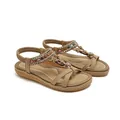 Bohemian khaki flat sandals with colorful beads, rhinestones and T-strap floral accents - EU 35 / Apricot
