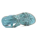 Blue bohemian flat sandals with sparkling rhinestones and elastic heel strap - EU 35 / Light Blue