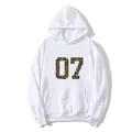 Front view of white oversized hoodie with leopard print number 07 and kangaroo pocket - S / White