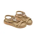 Beige bohemian flat sandals for women featuring floral beadwork and elastic heel strap - EU 35 / Apricot