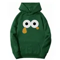 Detail of dark green hoodie featuring cartoon eye graphic and classic kangaroo pocket - S / Dark Green