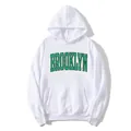 White minimalist hoodie with green Brooklyn print and kangaroo pocket for women - S / White