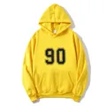 Classic yellow hoodie with number 90 print, kangaroo pocket and drawstring hood design - S / Yellow