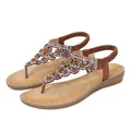 Bohemian brown flat sandals featuring colorful beads, rhinestones, and elastic heel strap - EU 36 / Bronze