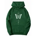 Detailed close-up of white butterfly art print and kangaroo pocket on dark green hoodie - Dark Green