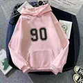 Flat lay of pink hooded sweatshirt featuring black number 90 print with denim and accessories - S / Dark Pink