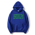 Women's royal blue oversized hoodie with vintage green Brooklyn print and drawstrings - Dark Blue