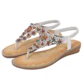 Silver Bohemian flat sandals with colorful beads, rhinestones and elastic heel strap - EU 36 / Silver