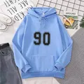 Detail of light blue hoodie featuring number 90 print with ribbed cuffs and kangaroo pocket - S / Sky Blue