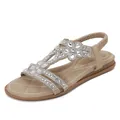 Bohemian flat sandals for women featuring khaki T-strap with floral rhinestone decoration - EU 38 / Apricot