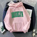Close-up of pink hoodie with green Brooklyn print and pocket detail on flat lay - Dark Pink